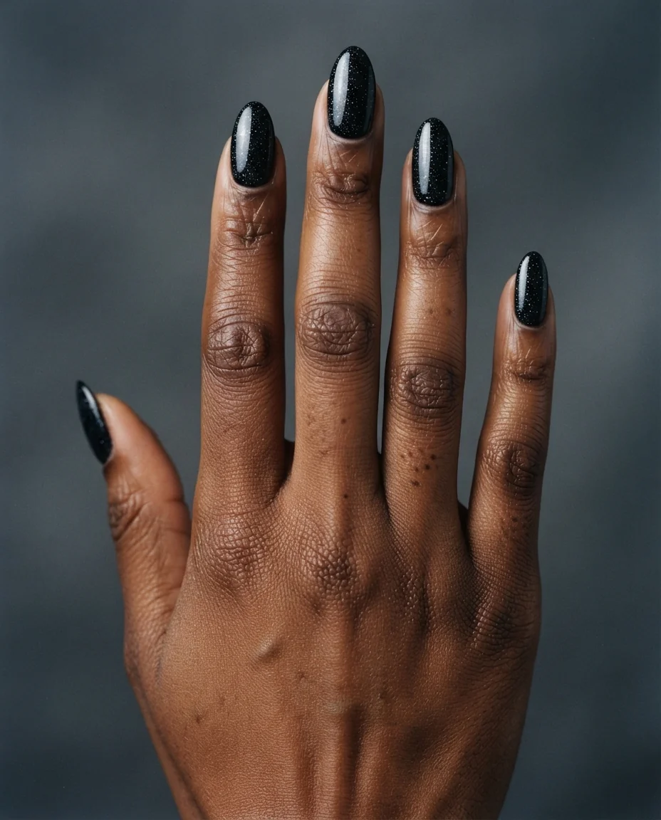 Glittering Obsidian Almond Nails
