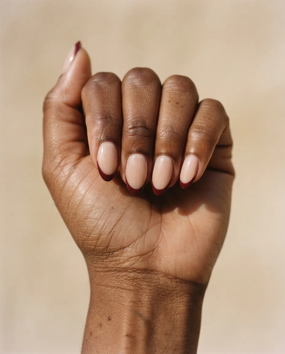 Wine-Tipped Almond French Manicure