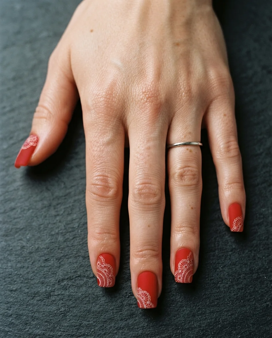 Matte Scarlet Lace Manicure