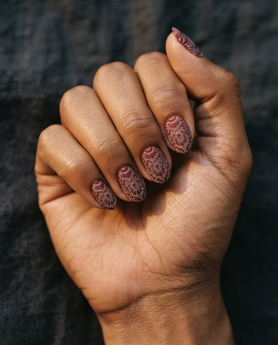 Burgundy Lace on Matte Marsala